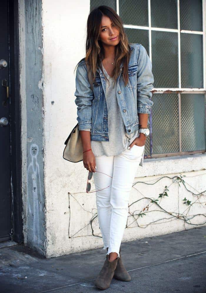 jean jacket and white pants