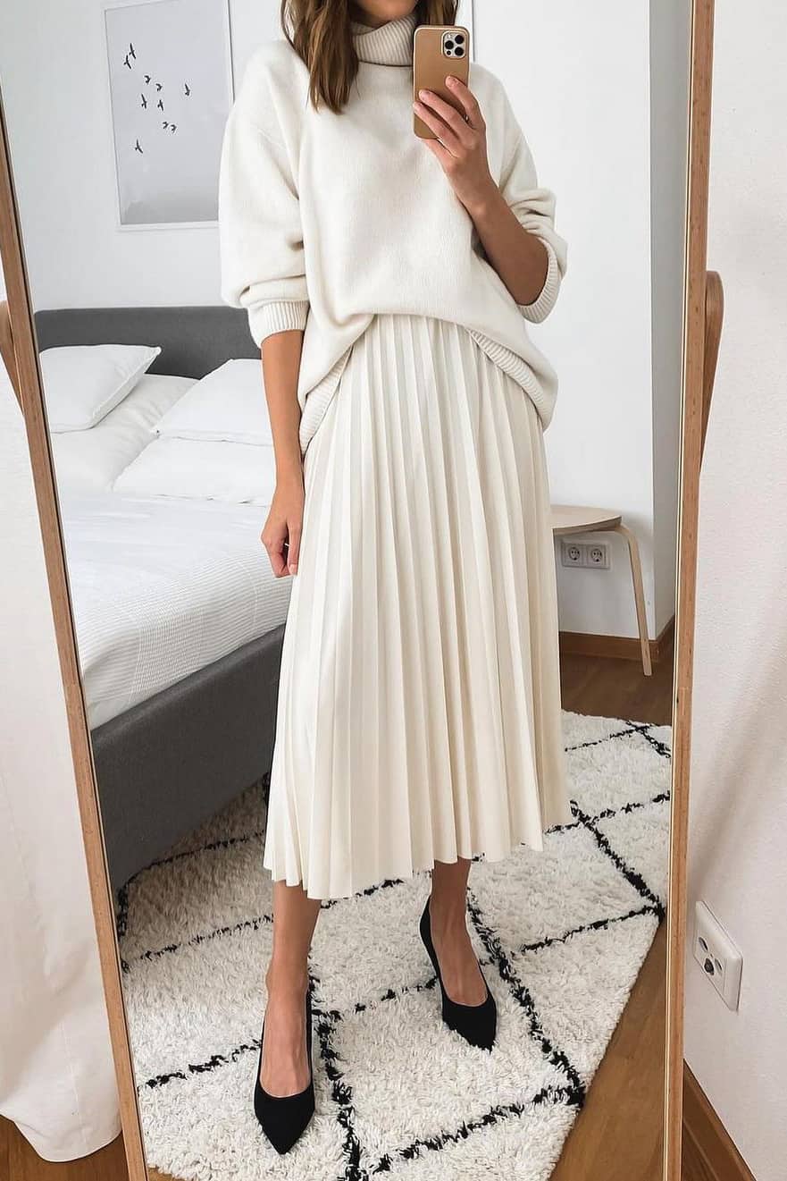 how to style a pleated skirt with a sweater