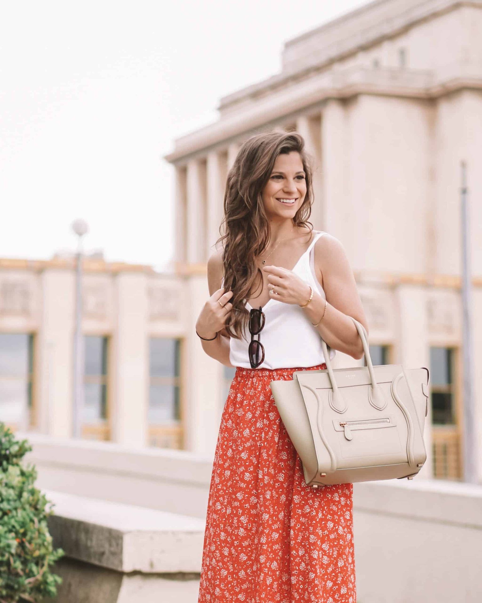 celine beige luggage bag styled