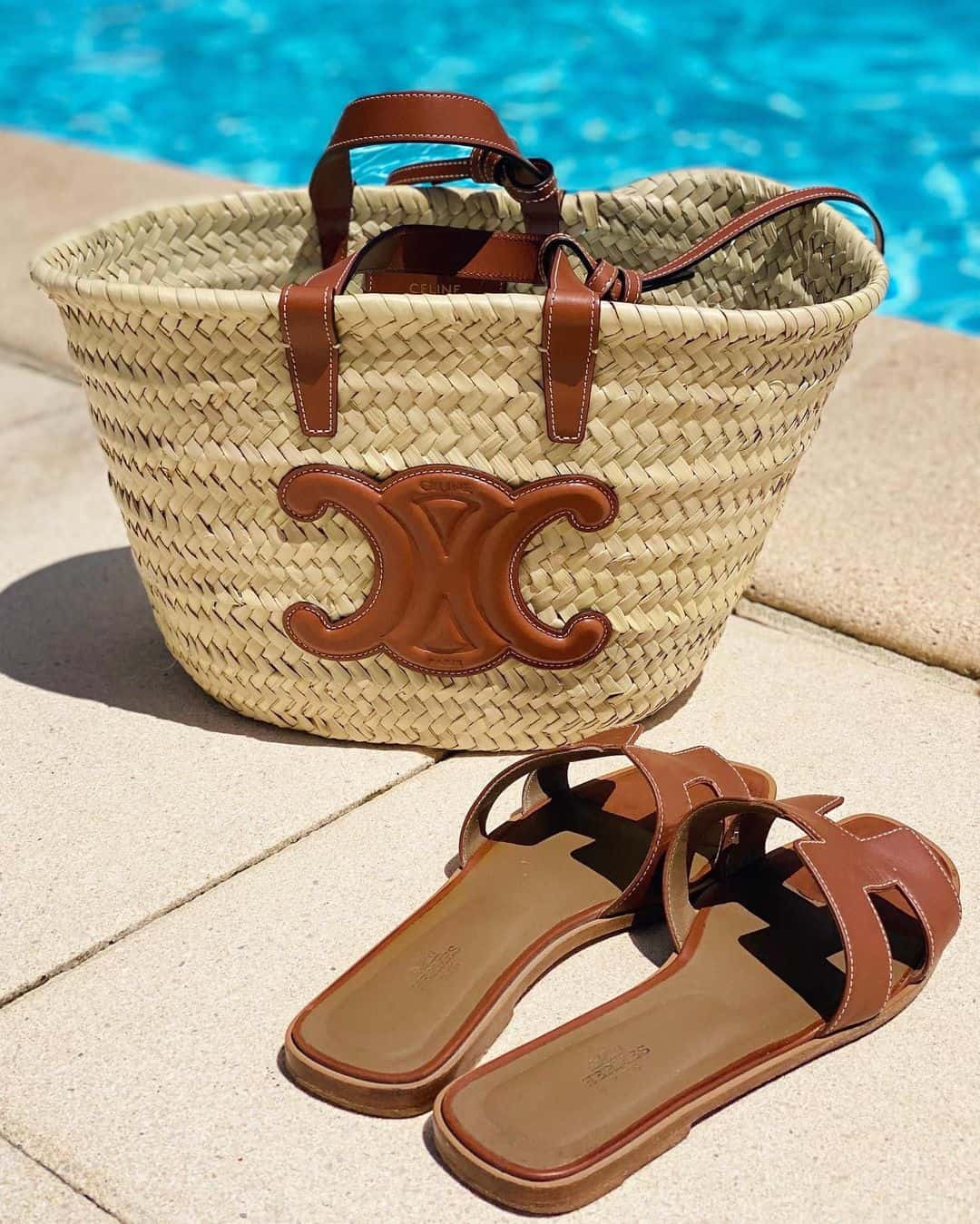Medium Triomphe Celine Classic Panier Wicker Bag with Palm Leaves and Calfskin