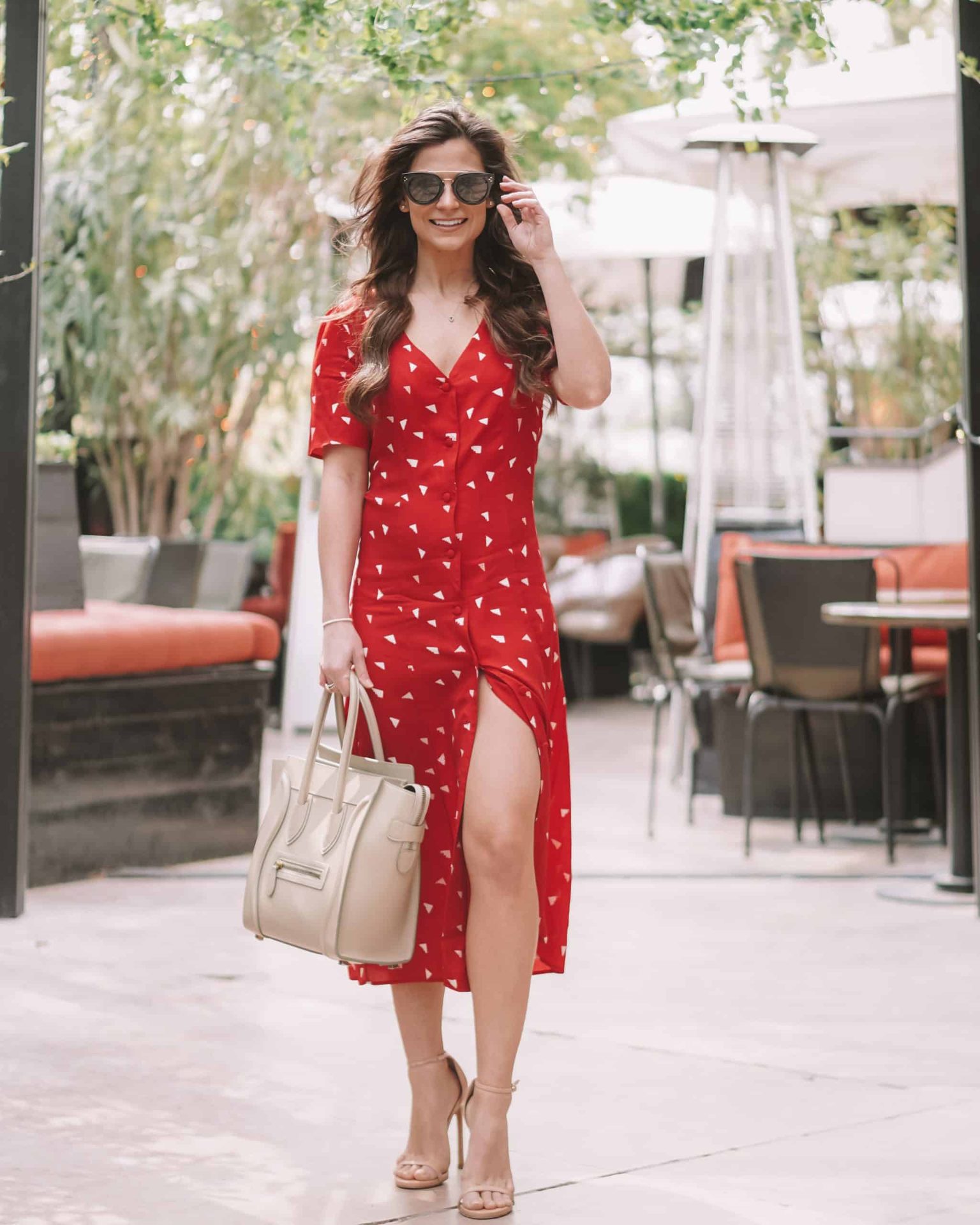 Beige Celine Luggage Bag Micro Size Styled Red Dress Soi Dress