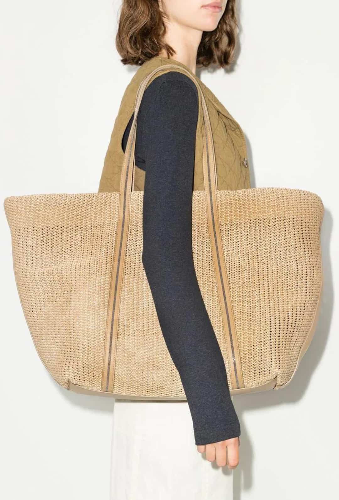 Brunello Cucinelli embellished raffia tote bag styled
