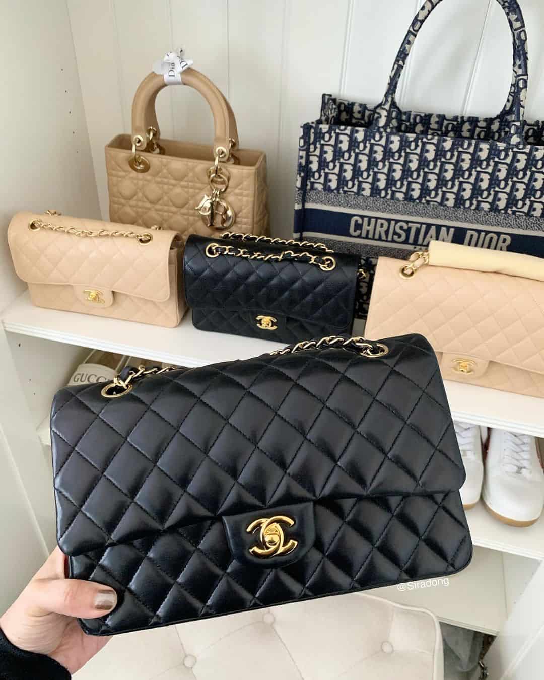 Chanel Lambskin black bag closeup