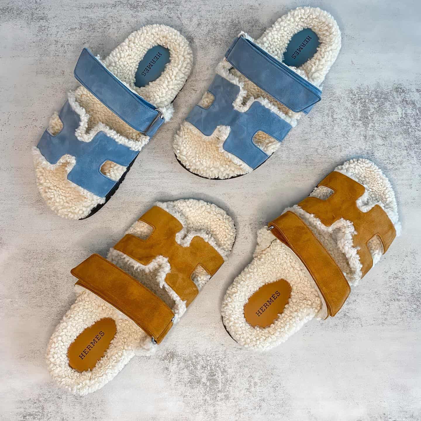 Brown and Blue Hermes Chypre fur sandals