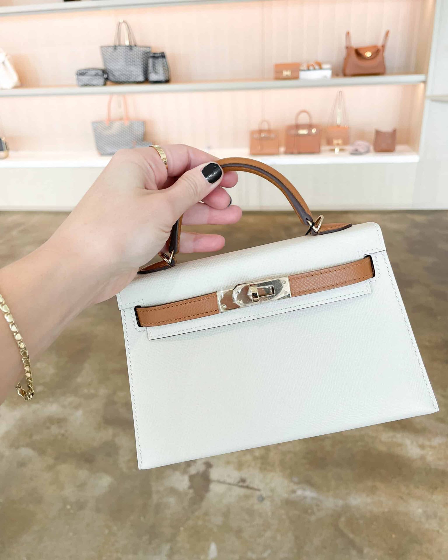 Close-up of a special order Hermes Kelly Mini aka as Hermes Kelly 20