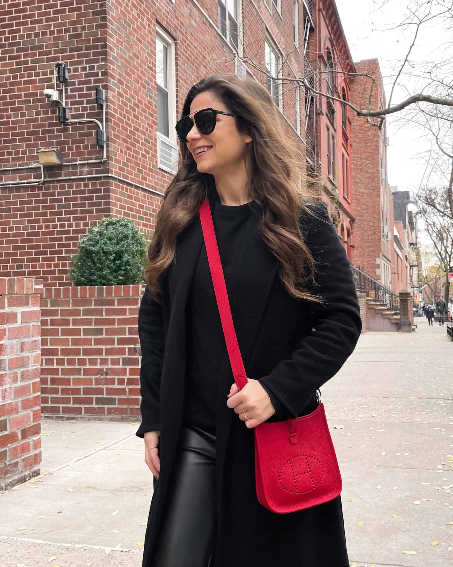 Red Hermes Evelyne Mini Bag Crossbody outfit
