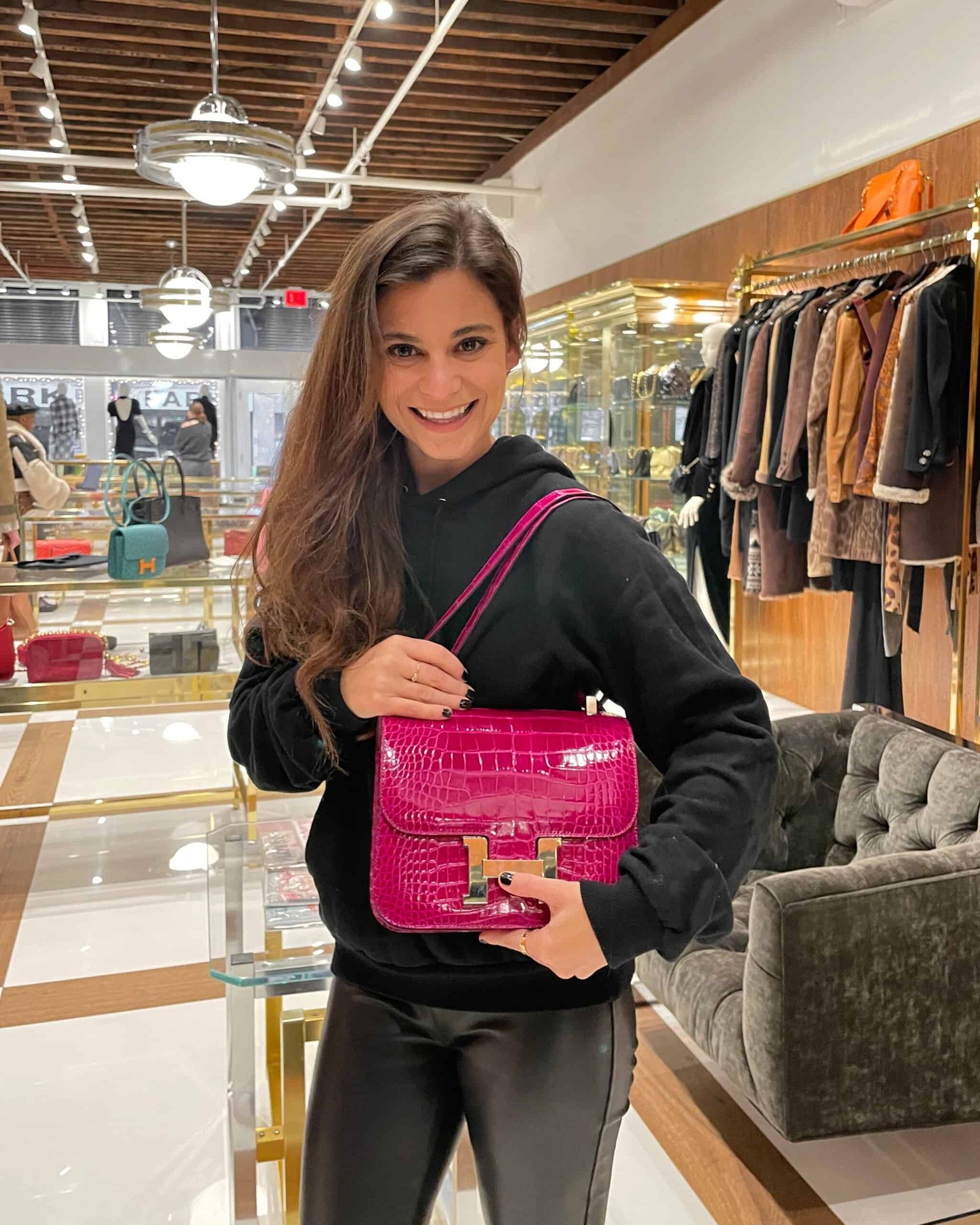 Shiny Pink Hermes Constance bag in crocodile