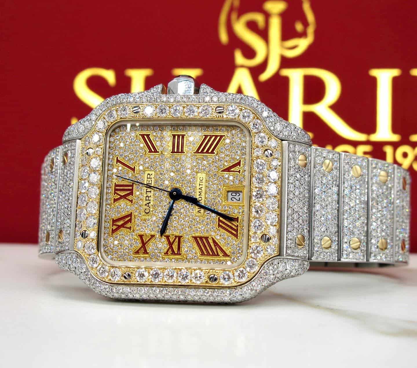 Closeup of an iced out Cartier Watch