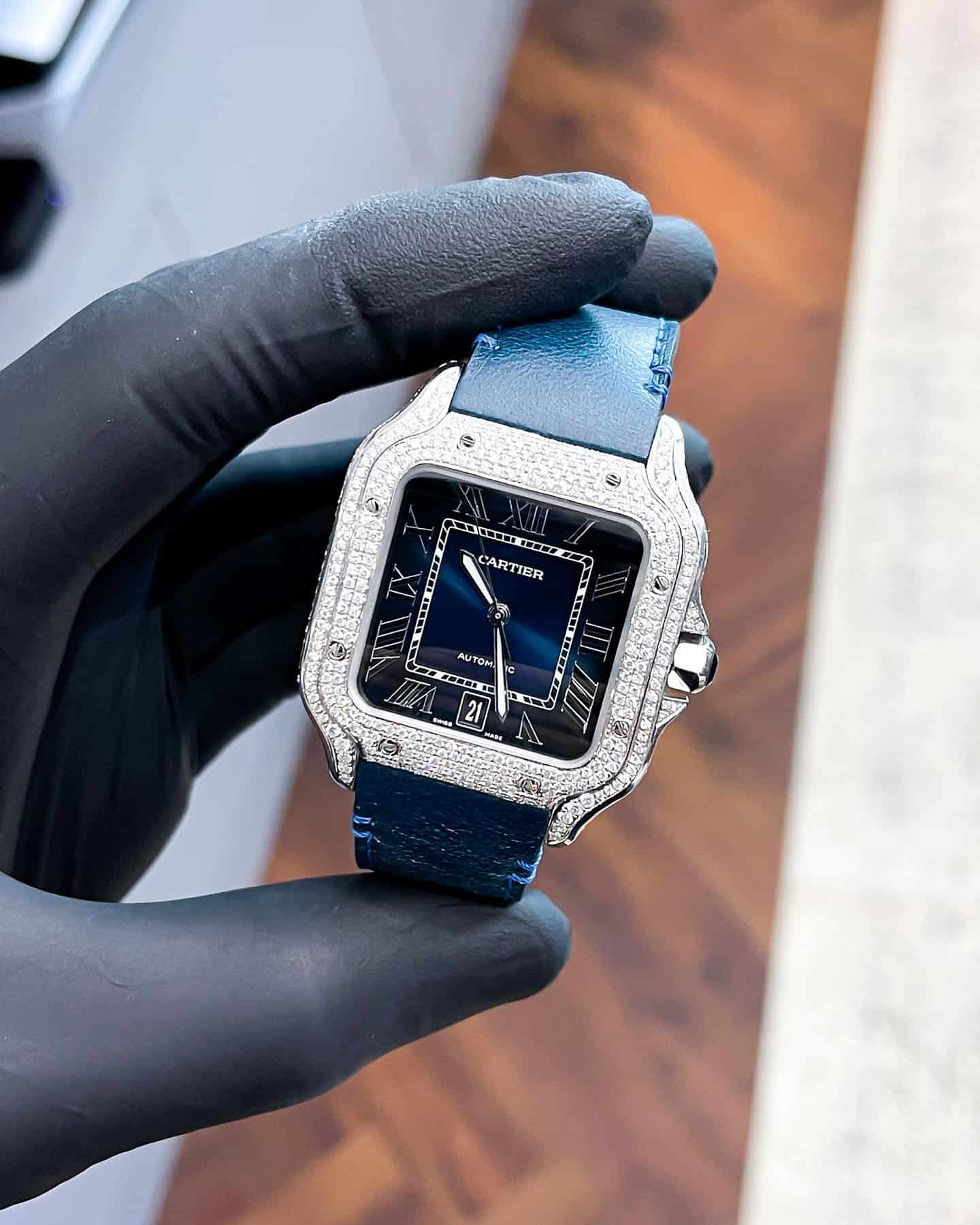 Deep Blue Cartier Watched with a custom diamond trim