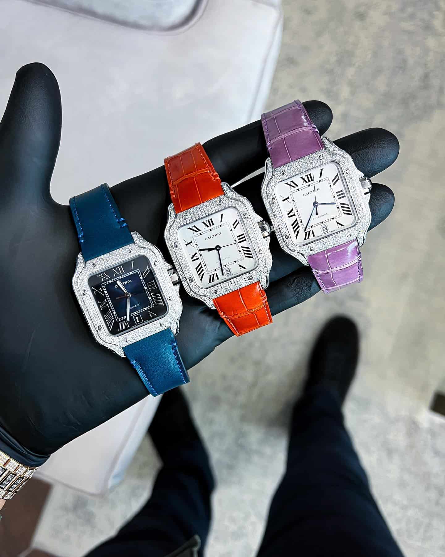 Multicolored bands Iced out Cartier Watches