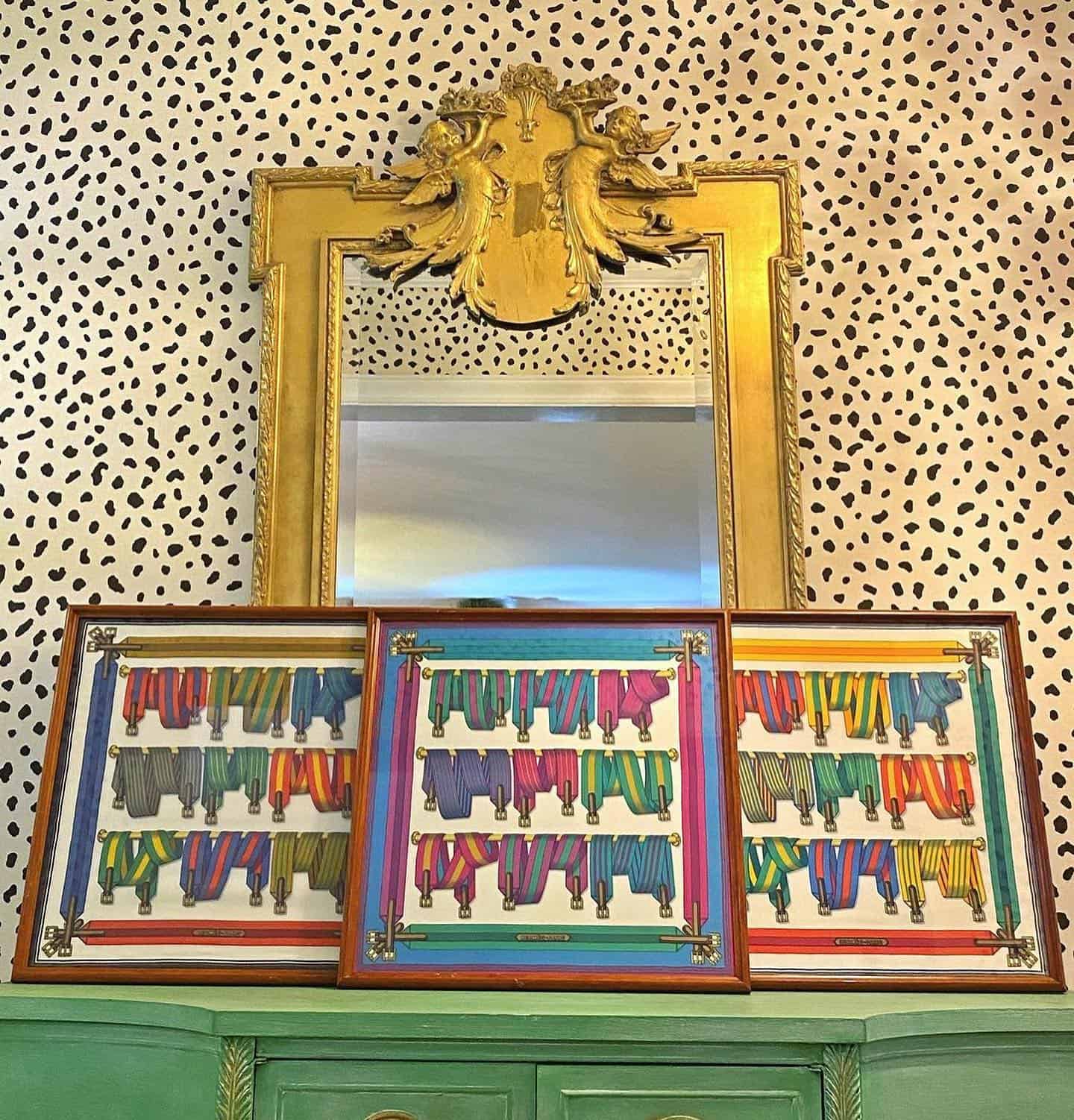 3 matching Framed Vintage Hermes scarves
