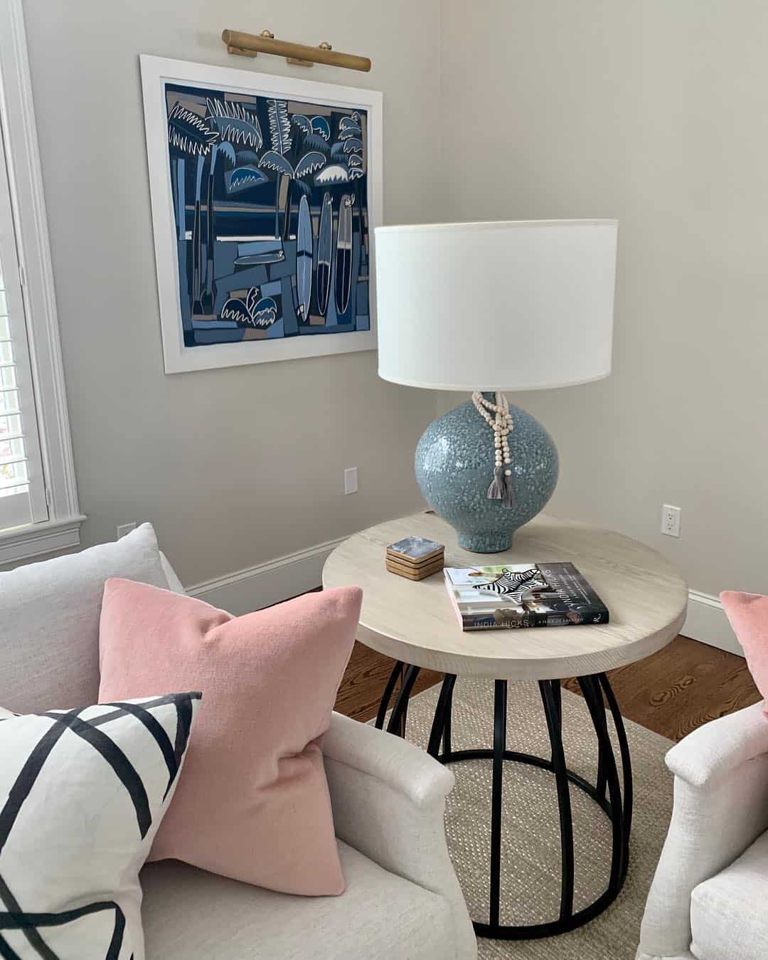 Framed Vintage Hermes Blue Scarf in Living Room