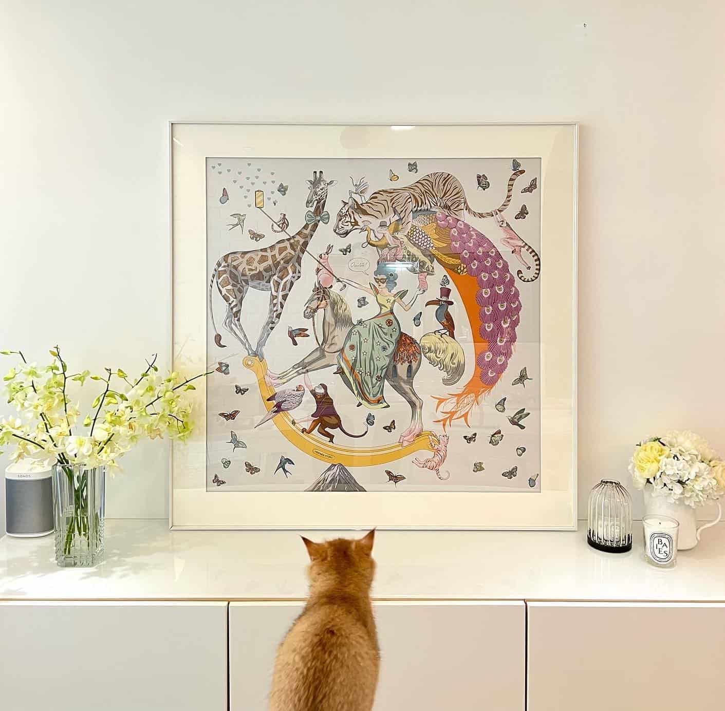 Neutral color Hermes scarf framed