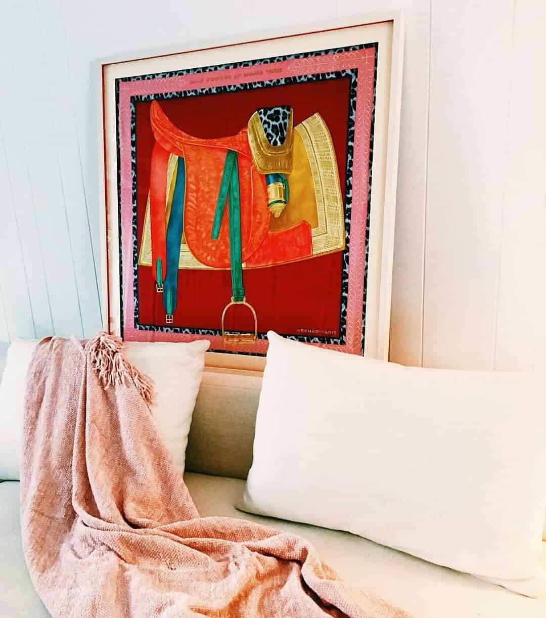Vintage Framed Hermes Scarf over couch