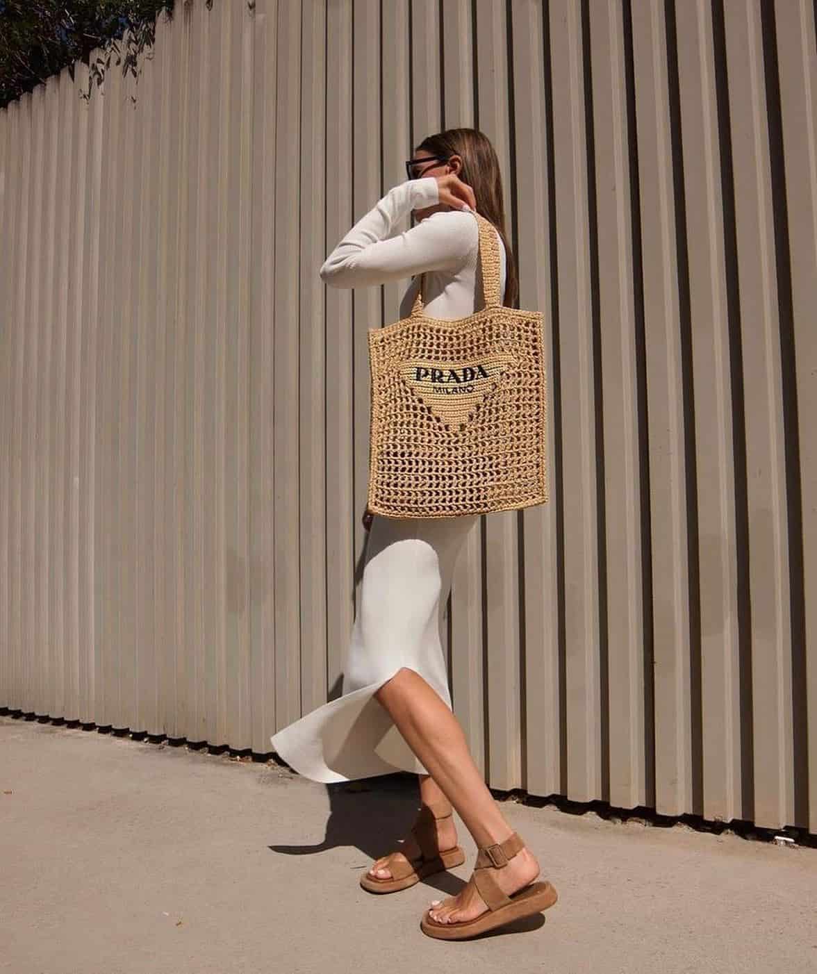 Prada raffia tote bag styled