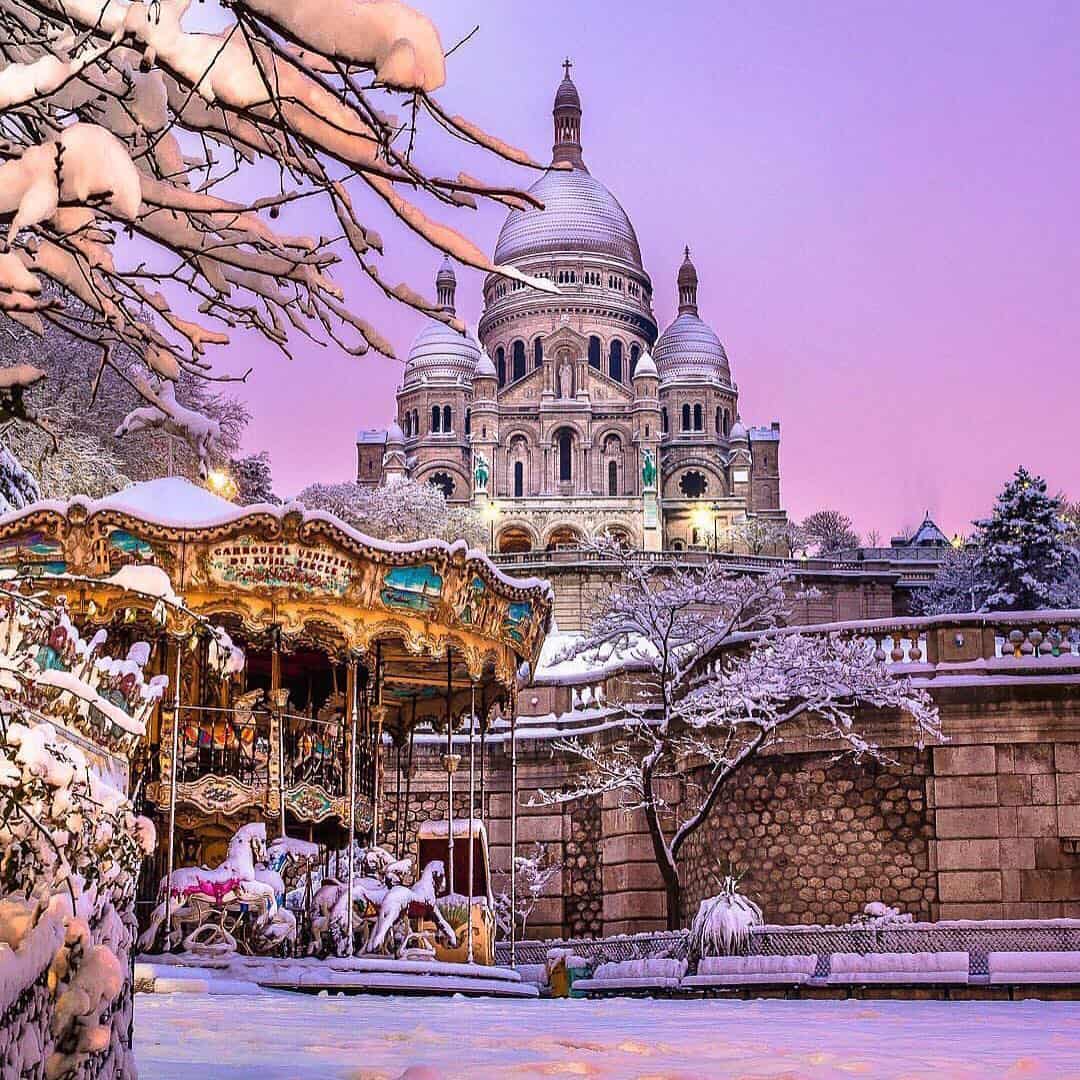 snow covering Montmartre in Paris, France