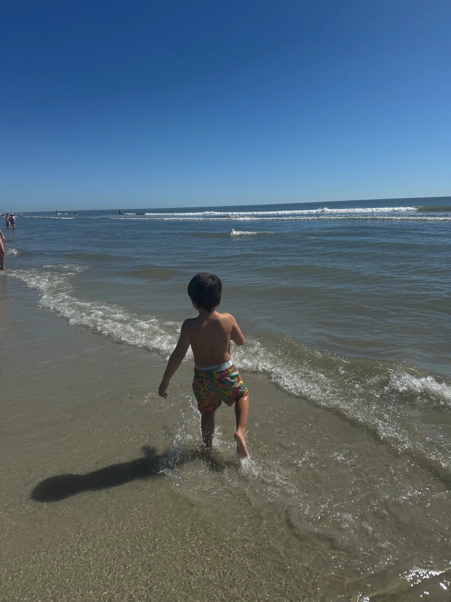 Felix walking toward the gentle waves at Sea Pines Beach